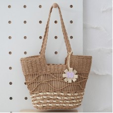 Knitting Straw Shoulder Bag Hollow Wave Large Capacity Tote Bag With Lining  Light Brown