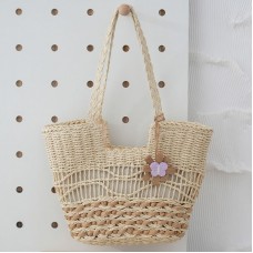 Knitting Straw Shoulder Bag Hollow Wave Large Capacity Tote Bag With Lining  Beige