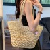 Knitting Straw Shoulder Bag Hollow Wave Large Capacity Tote Bag With Lining  Light Brown